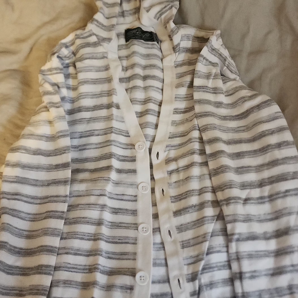 Striped White and Gray Button-Up Cardigan